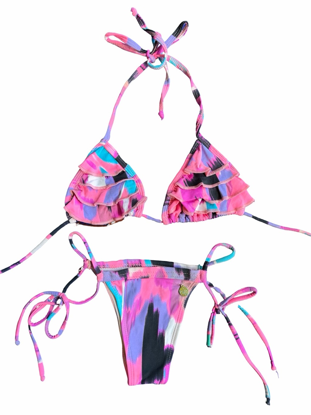 Small Brazilian Pink Multi Ruffle Tie-Side Bikini - swimsuit